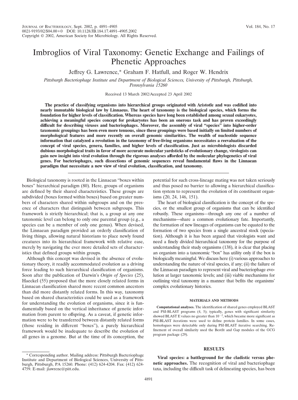 Imbroglios of Viral Taxonomy: Genetic Exchange and Failings of Phenetic Approaches Jeffrey G