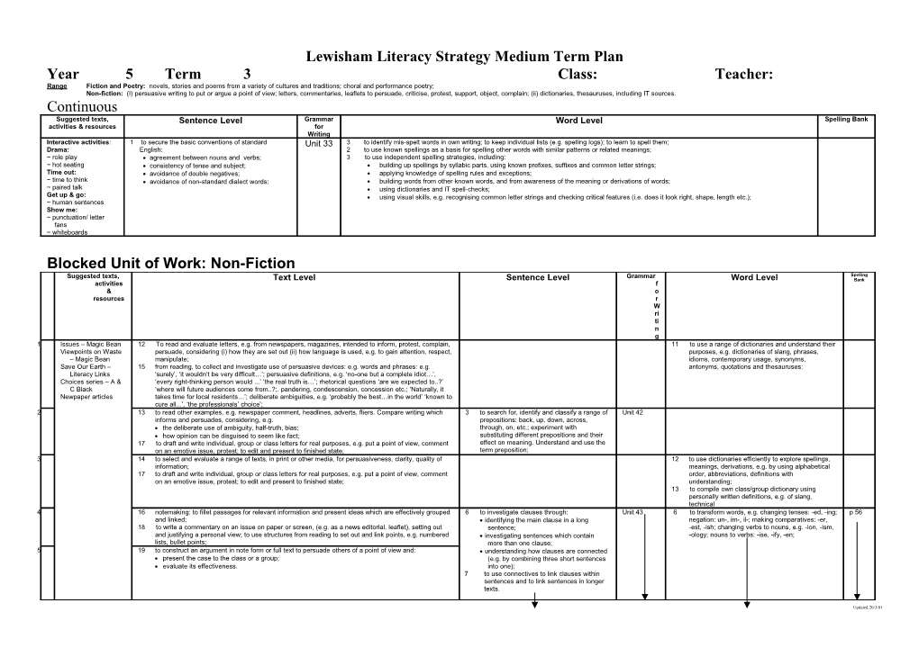 Lewisham Literacy Strategy Medium Term Plan