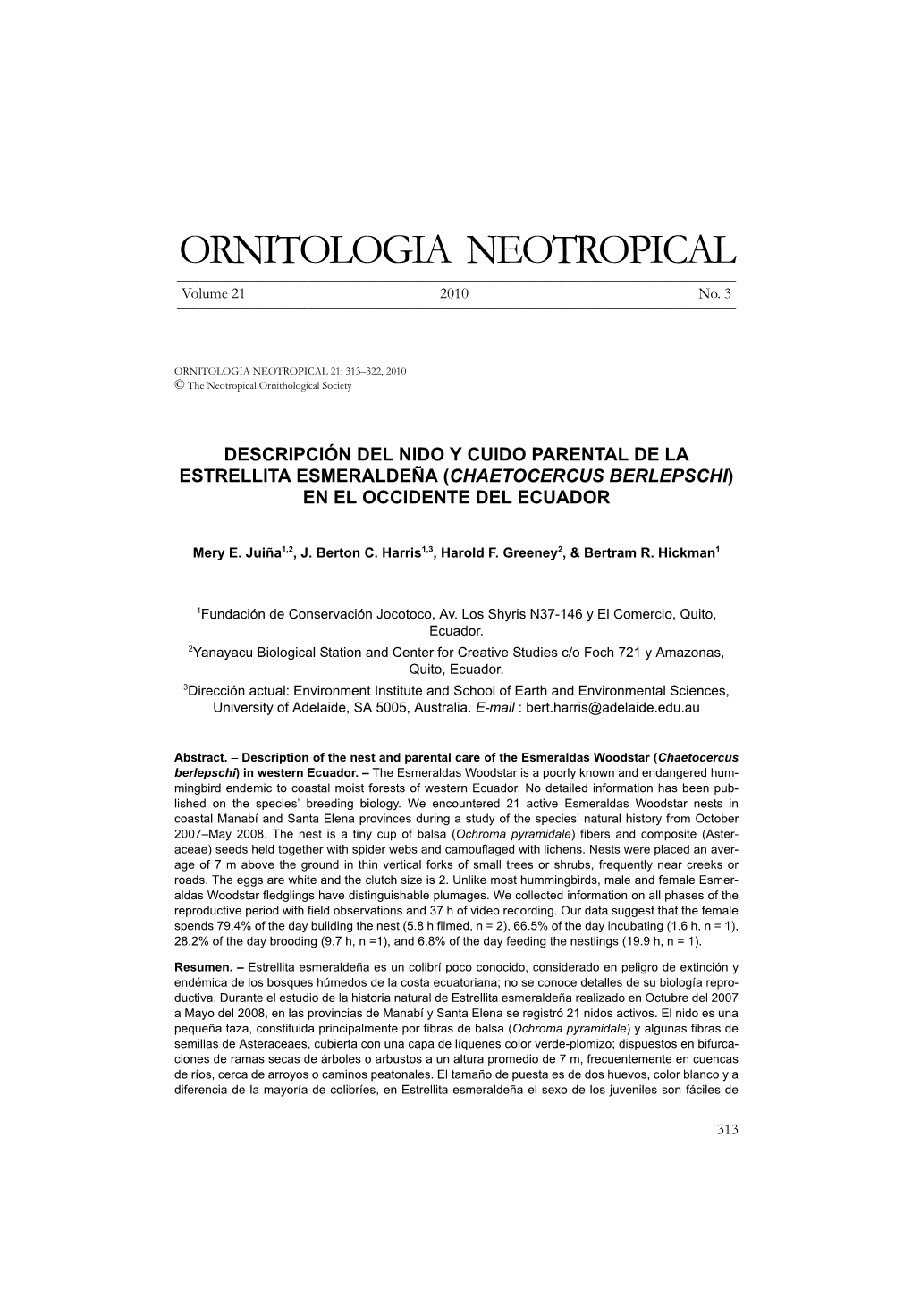 ORNITOLOGIA NEOTROPICAL ______Volume 21 2010 No