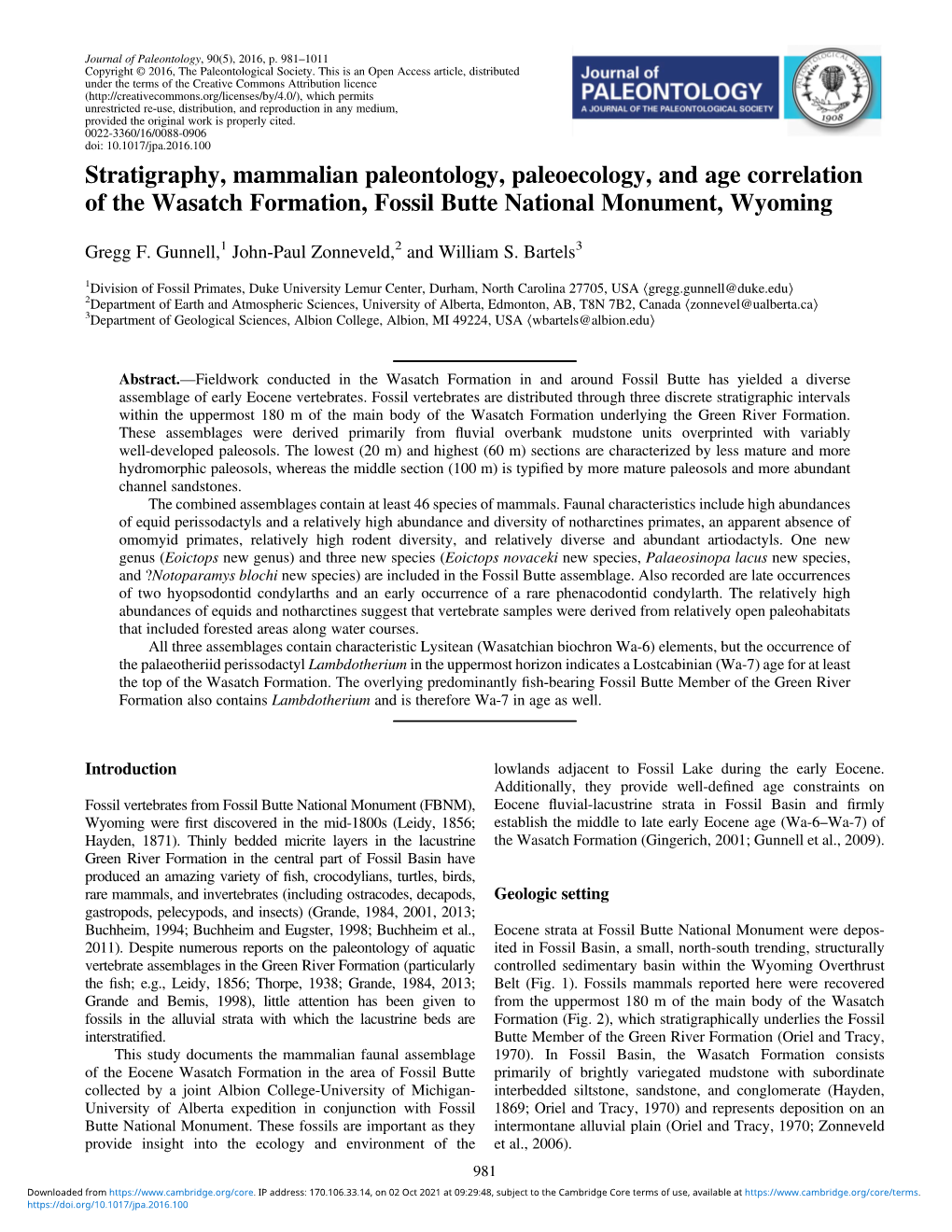 Stratigraphy, Mammalian Paleontology, Paleoecology, and Age Correlation of the Wasatch Formation, Fossil Butte National Monument, Wyoming