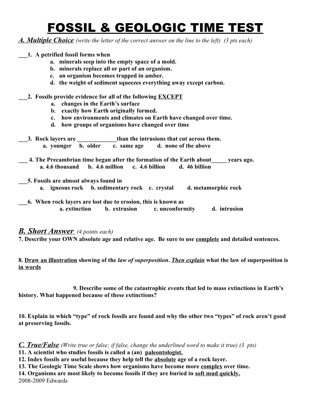 Fossil & Geologic Time Test