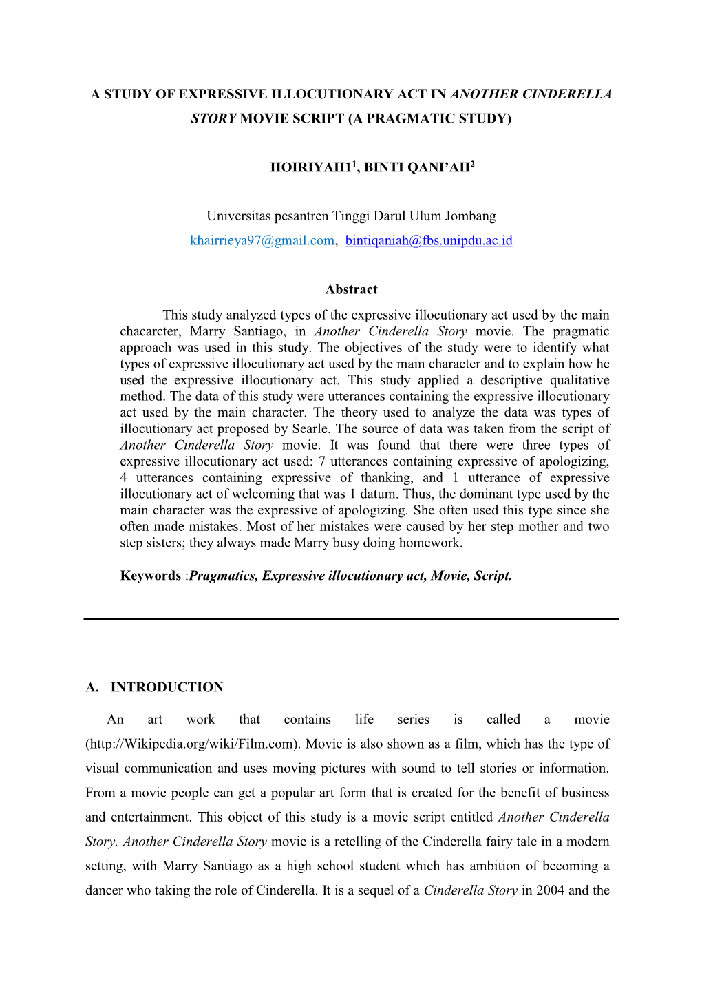 A Study of Expressive Illocutionary Act in Another Cinderella Story Movie Script (A Pragmatic Study)