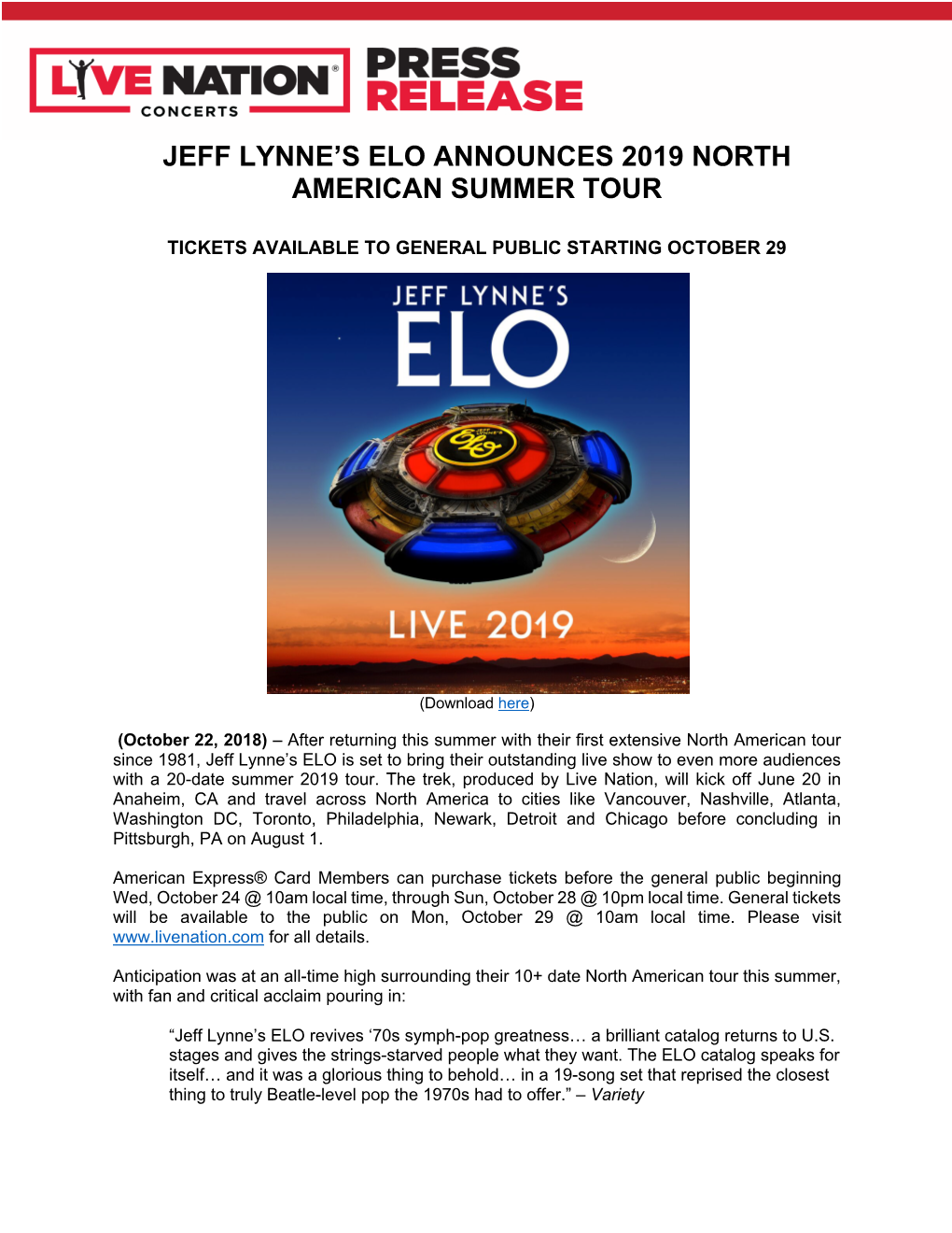 Jeff Lynne's Elo Announces 2019 North American