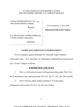 1 in the UNITED STATES DISTRICT COURT for the MIDDLE DISTRICT of NORTH CAROLINA FUMA INTERNATIONAL LLC, an Ohio Limited Liabilit