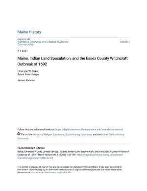 Maine, Indian Land Speculation, and the Essex County Witchcraft Outbreak of 1692