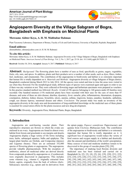 Angiosperm Diversity at the Village Sabgram of Bogra, Bangladesh with Emphasis on Medicinal Plants