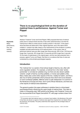 There Is No Psychological Limit on the Duration of Metrical Lines in Performance: Against Turner and Pöppel