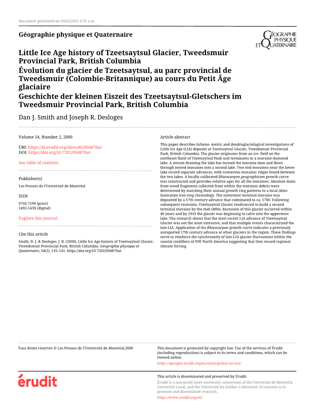 Little Ice Age History of Tzeetsaytsul Glacier, Tweedsmuir Provincial