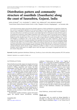 Distribution Pattern and Community Structure of Zoanthids (Zoantharia) Along the Coast of Saurashtra, Gujarat, India Sonia Kumari1,2, P.U