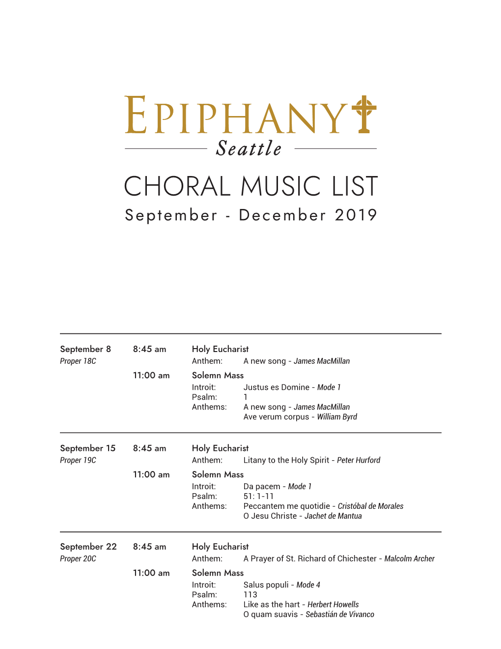 CHORAL MUSIC LIST September - December 2019