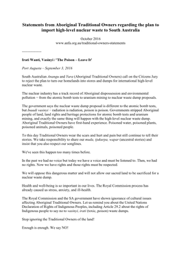 Statements from Aboriginal Traditional Owners Regarding the Plan to Import High-Level Nuclear Waste to South Australia