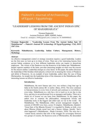 LEADERSHIP LESSONS from the ANCIENT INDIAN EPIC of MAHABHARATA” Niranjan Rajpurohit Assistant Professor, SBM, NMIMS, Indore
