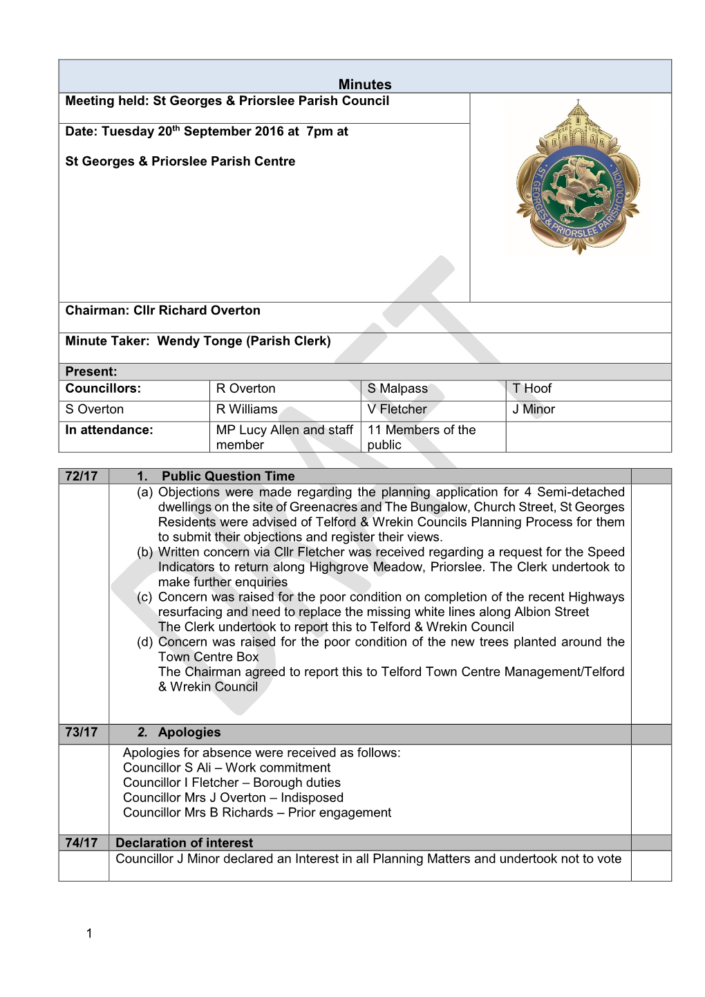 Minutes Meeting Held: St Georges & Priorslee Parish Council