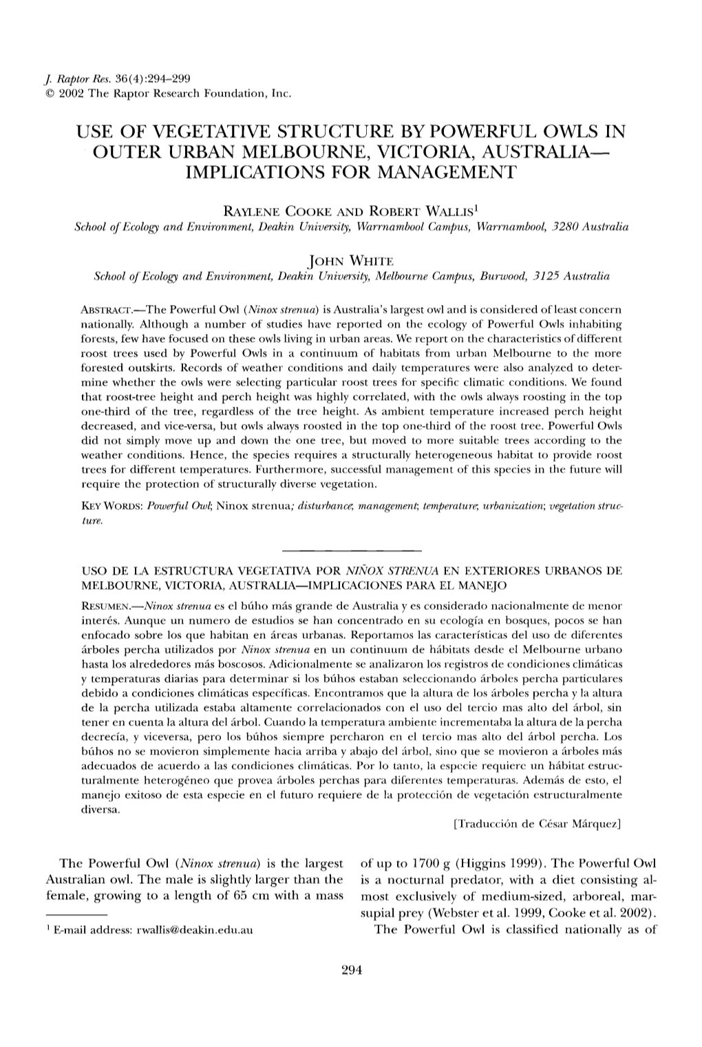 Use of Vegetative Structure by Powerful Owls in Outer Urban Melbourne, Victoria, Australia-- Implications for Management