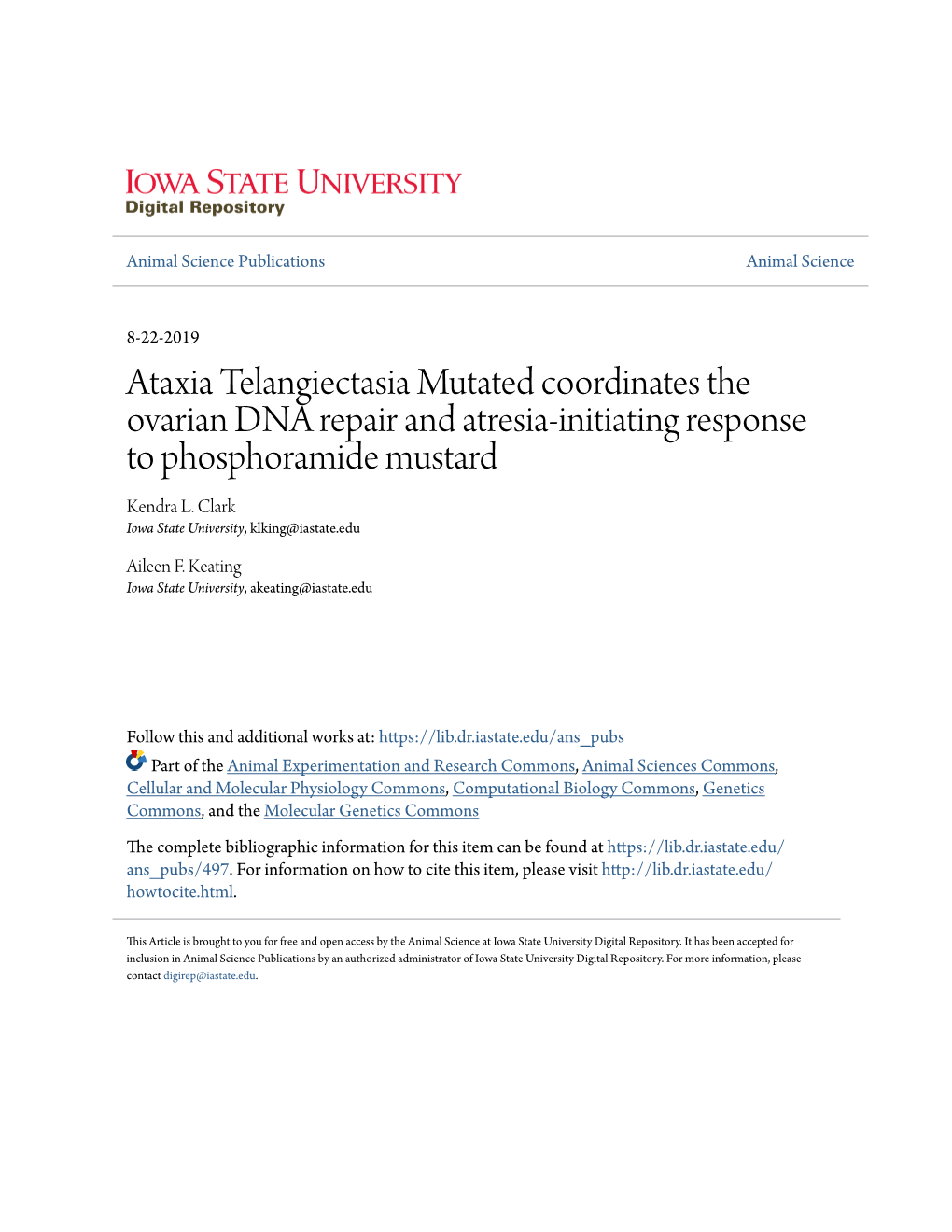 Ataxia Telangiectasia Mutated Coordinates the Ovarian DNA Repair and Atresia-Initiating Response to Phosphoramide Mustard Kendra L