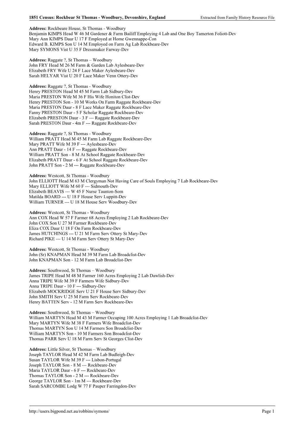 1851 Census: Rockbear St Thomas - Woodbury, Devonshire, England Extracted from Family History Resource File