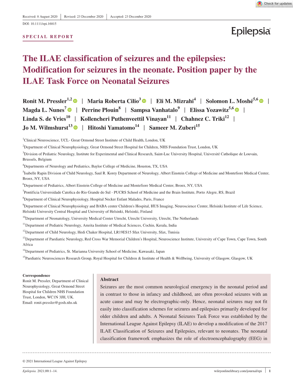 The ILAE Classification of Seizures and the Epilepsies: Modification for Seizures in the Neonate