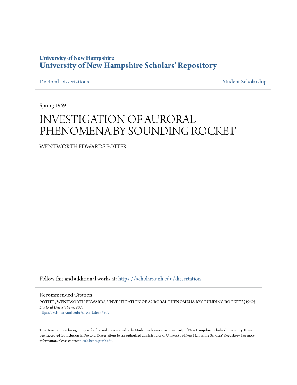 Investigation of Auroral Phenomena by Sounding Rocket Wentworth Edwards Potter