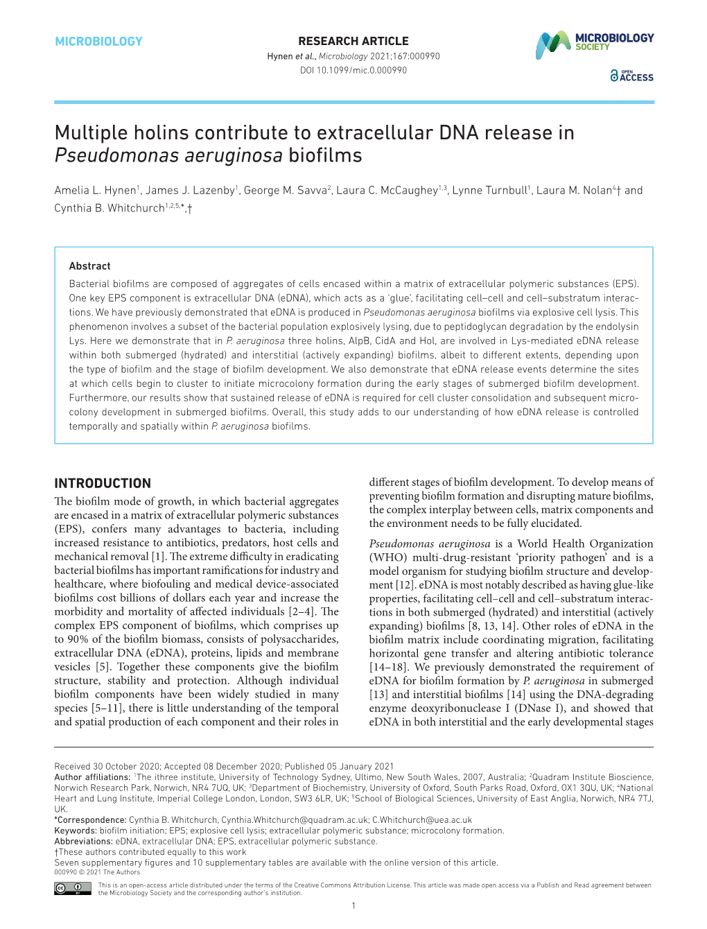 Multiple Holins Contribute to Extracellular DNA Release in Pseudomonas Aeruginosa Biofilms