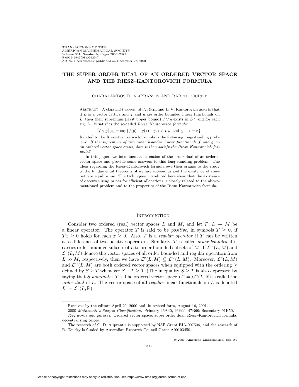 Real) Vector Spaces L and M,Andlett : L → M Be a Linear Operator