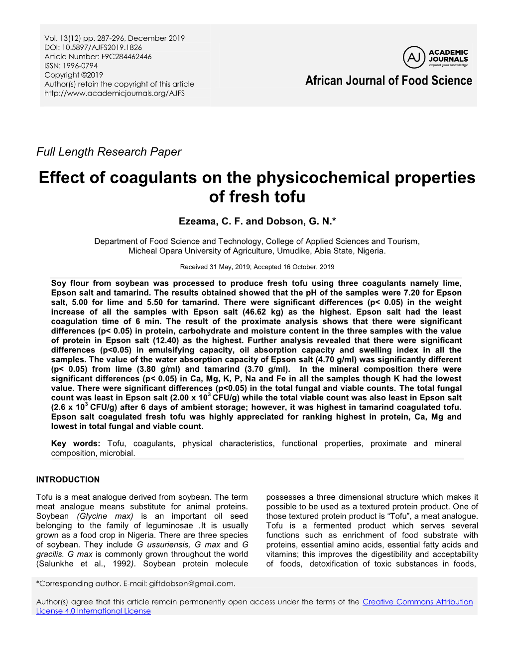 Effect of Coagulants on the Physicochemical Properties of Fresh Tofu