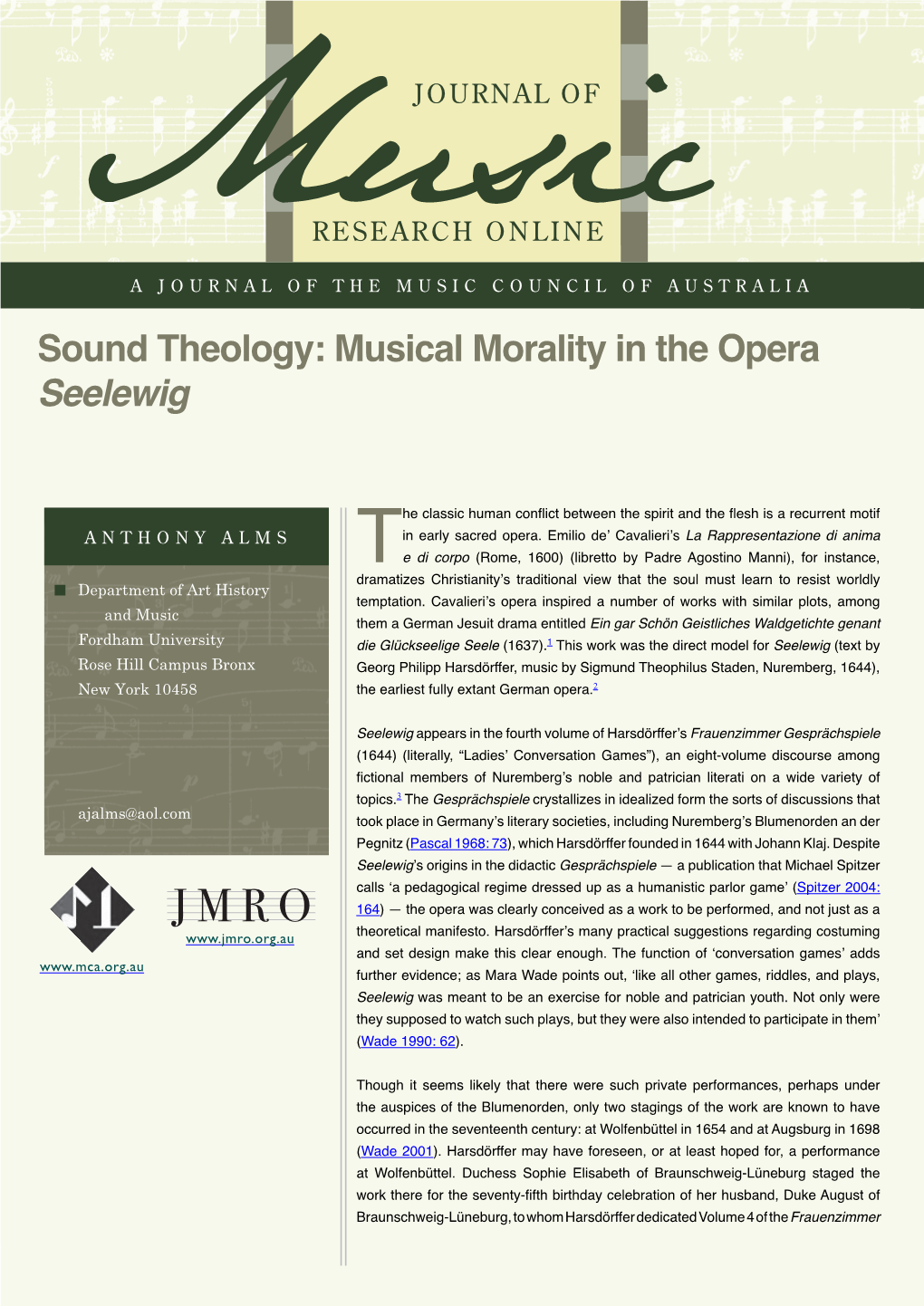 Sound Theology: Musical Morality in the Opera Seelewig DRAFT