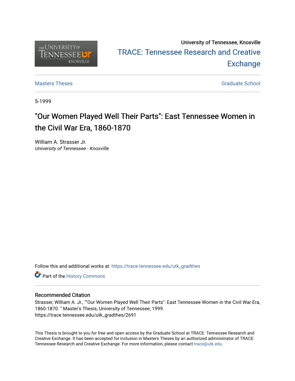 East Tennessee Women in the Civil War Era, 1860-1870