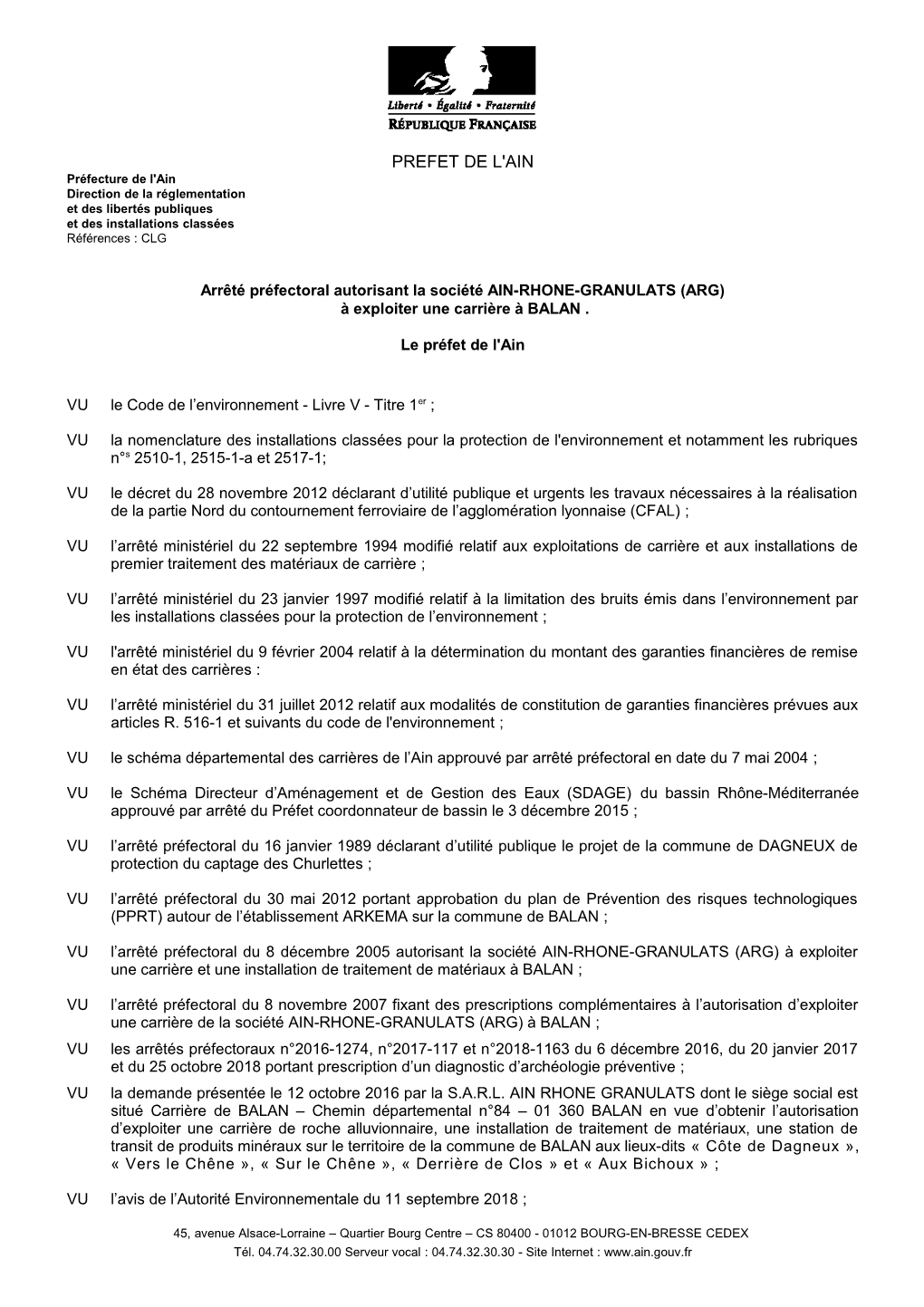 PREFET DE L'ain Préfecture De L'ain Direction De La Réglementation Et Des Libertés Publiques Et Des Installations Classées Références : CLG