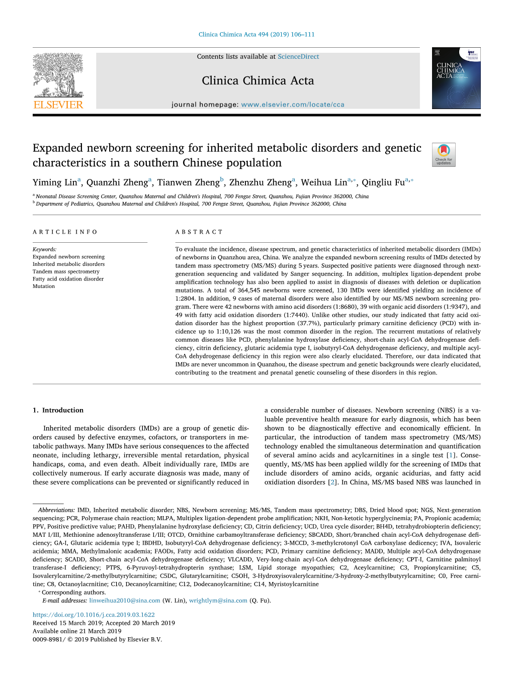 Expanded Newborn Screening for Inherited Metabolic Disorders and Genetic Characteristics in a Southern Chinese Population