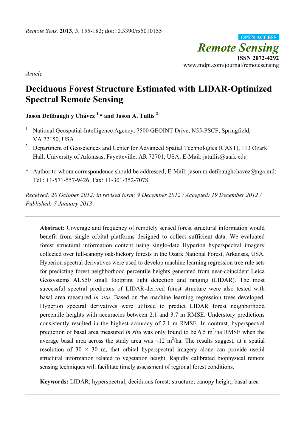 Deciduous Forest Structure Estimated with LIDAR-Optimized Spectral Remote Sensing