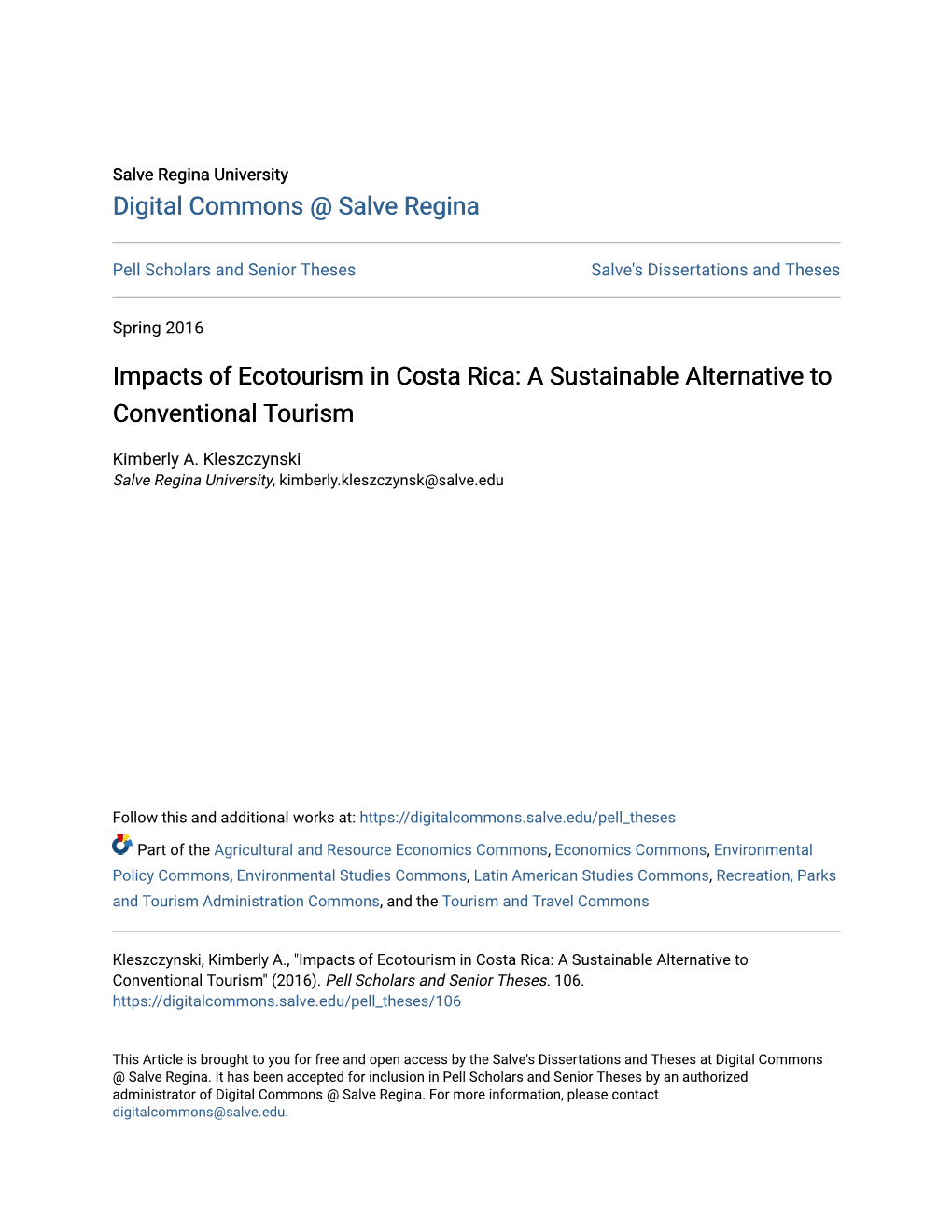 Impacts of Ecotourism in Costa Rica: a Sustainable Alternative to Conventional Tourism