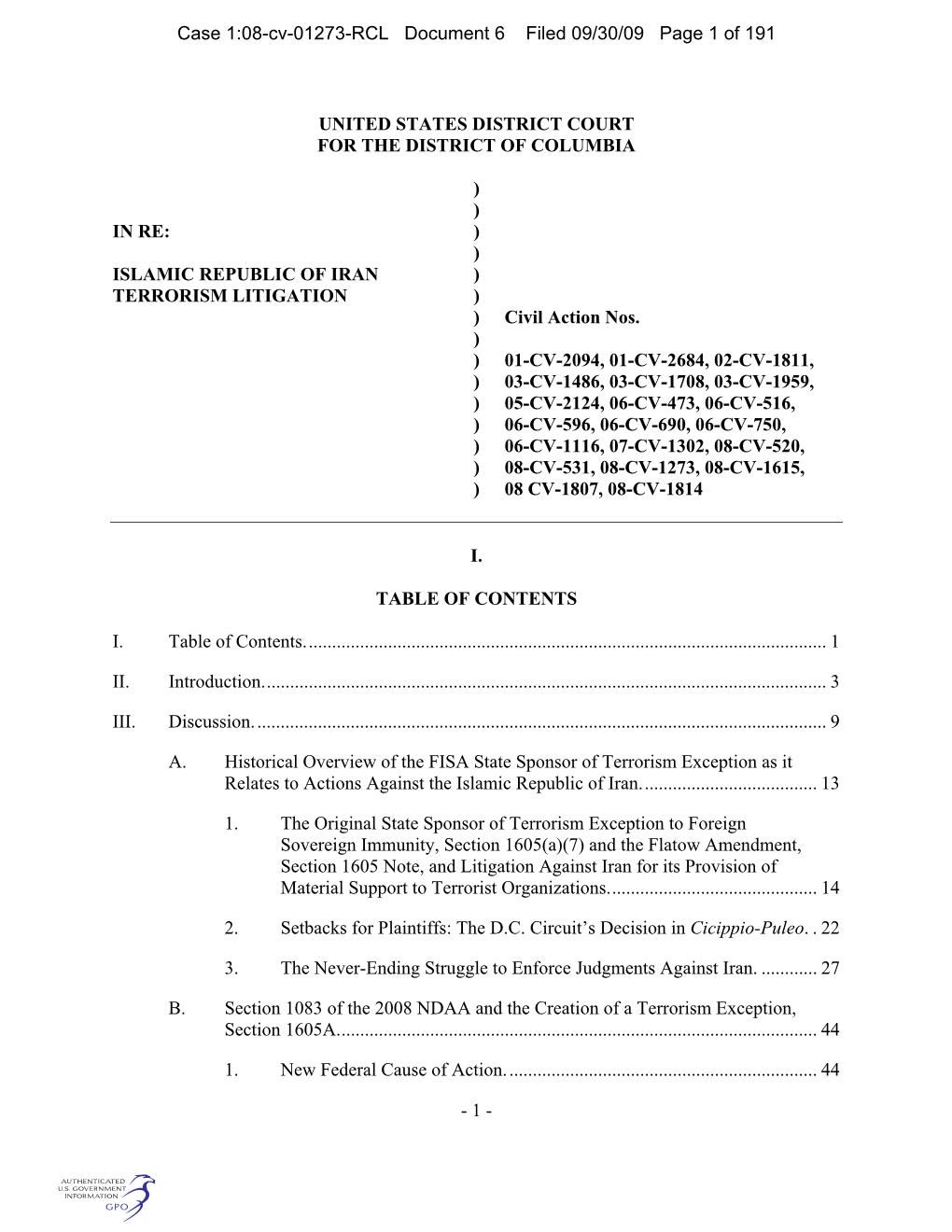 1 - Case 1:08-Cv-01273-RCL Document 6 Filed 09/30/09 Page 2 of 191