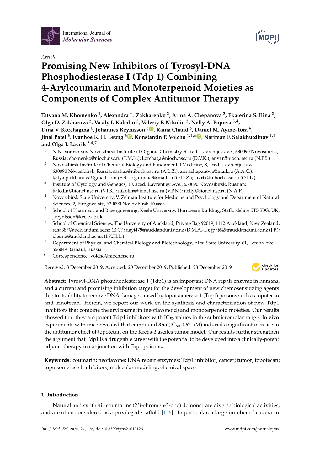 Promising New Inhibitors of Tyrosyl-DNA Phosphodiesterase I (Tdp 1) Combining 4-Arylcoumarin and Monoterpenoid Moieties As Components of Complex Antitumor Therapy