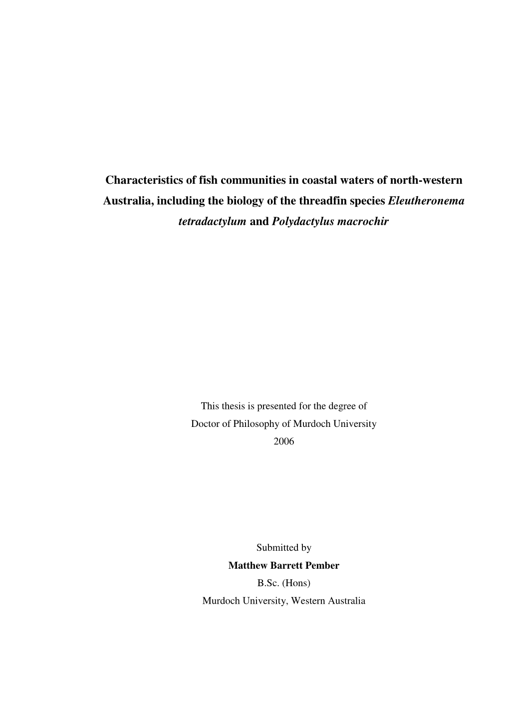 Characteristics of Fish Communities in Coastal Waters of North-Western Australia, Including the Biology of the Threadfin Species