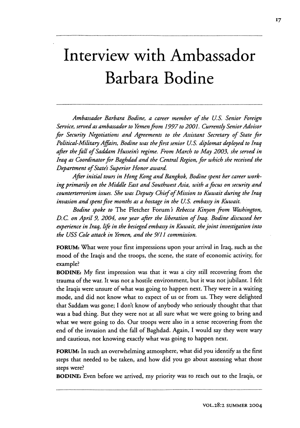 Interview with Ambassador Barbara Bodine