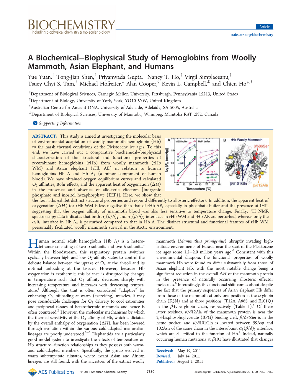 A Biochemical−Biophysical Study of Hemoglobins from Woolly Mammoth, Asian Elephant, and Humans † † † † † Yue Yuan, Tong-Jian Shen, Priyamvada Gupta, Nancy T