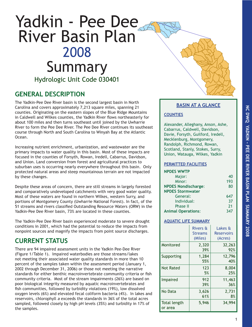 Yadkin - Pee Dee River Basin Plan 2008 Summary Hydrologic Unit Code 030401