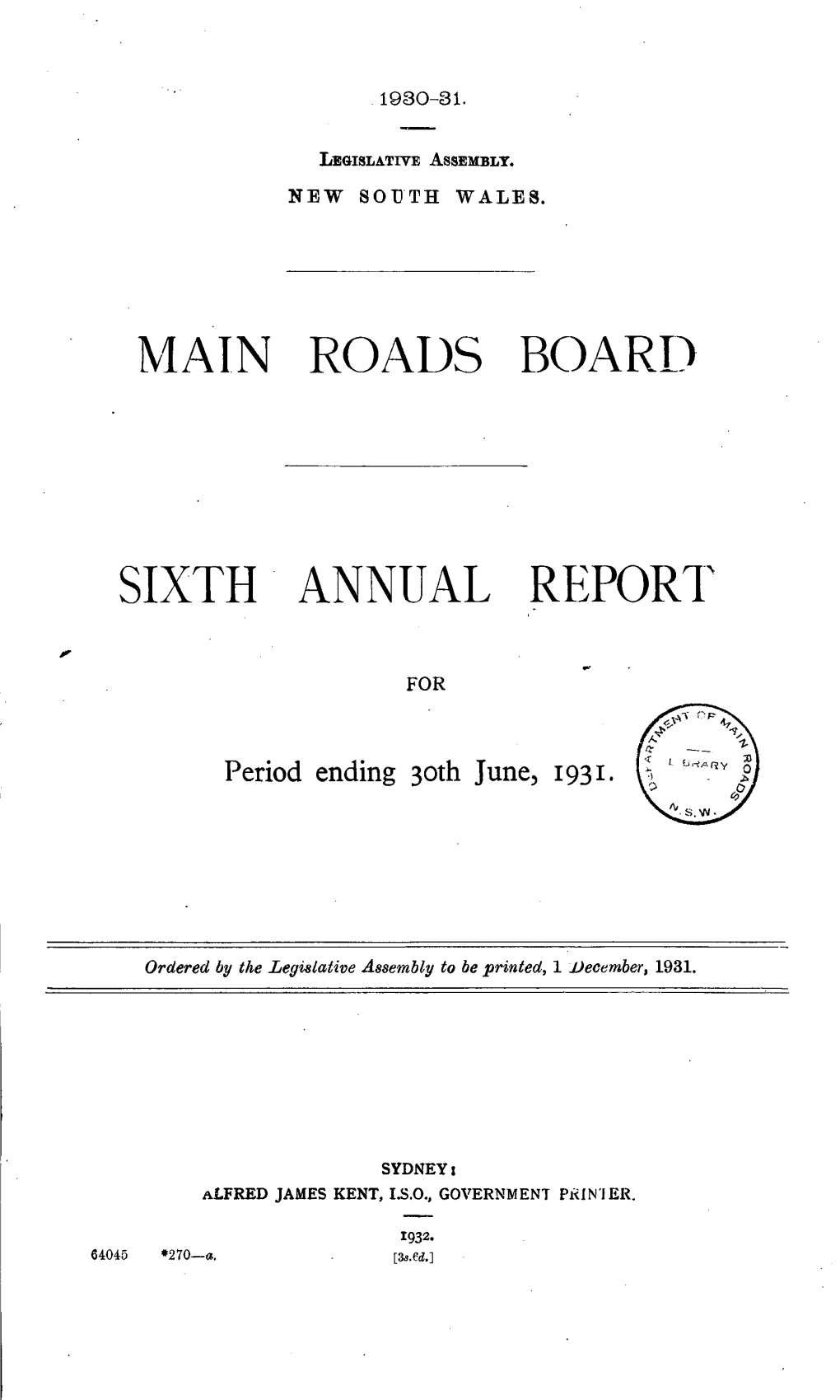 Roads Board of New South Wales, 1930-31