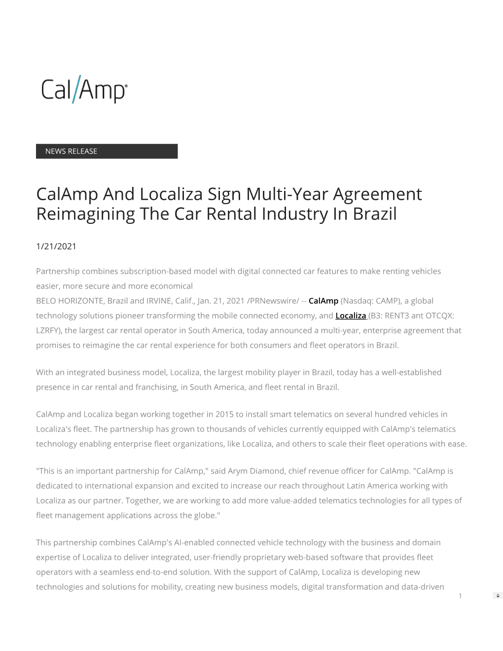 Calamp and Localiza Sign Multi-Year Agreement Reimagining the Car Rental Industry in Brazil