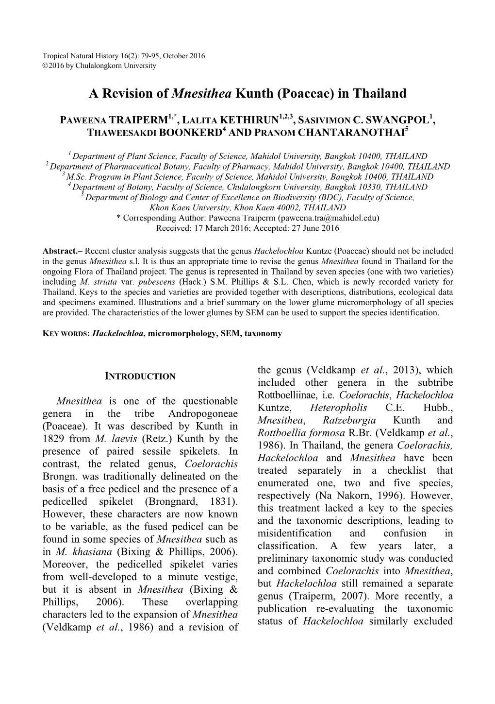 A Revision of Mnesithea Kunth (Poaceae) in Thailand