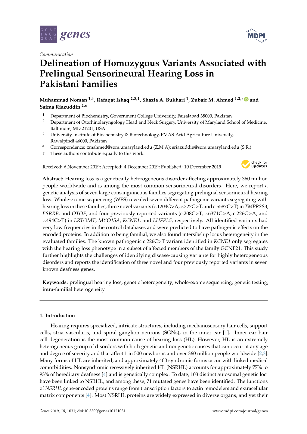 Delineation of Homozygous Variants Associated with Prelingual Sensorineural Hearing Loss in Pakistani Families