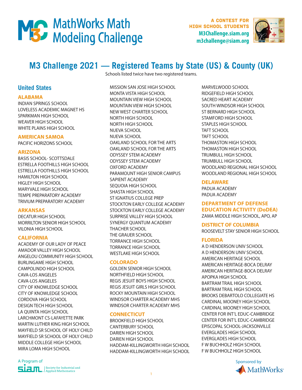 M3 Challenge 2021 — Registered Teams by State (US) & County (UK) Schools Listed Twice Have Two Registered Teams