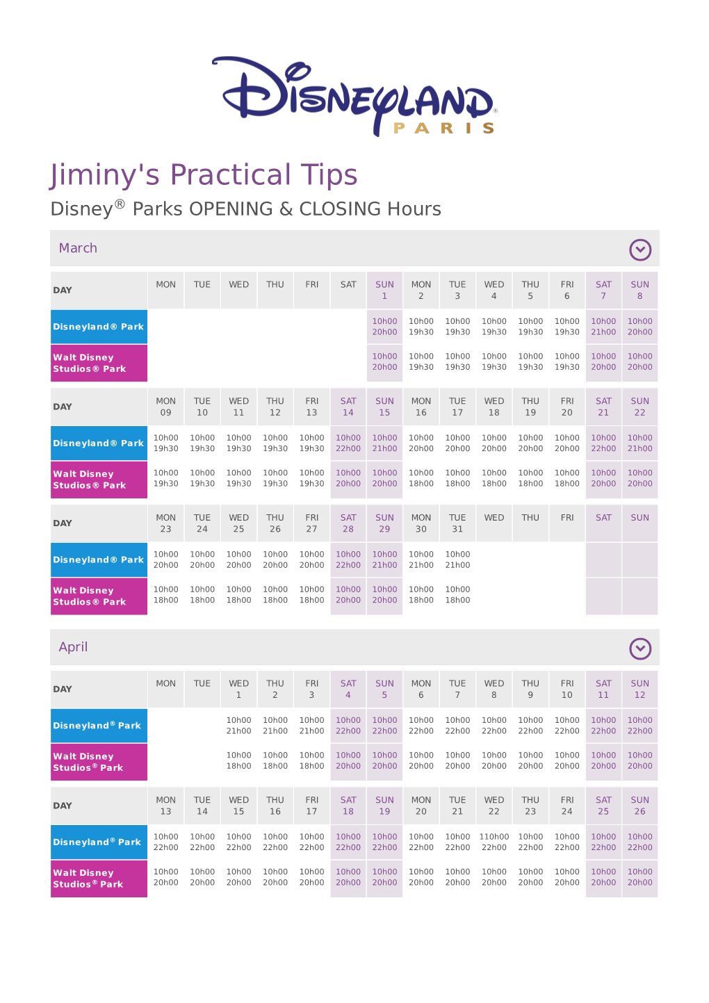 Jiminy's Practical Tips Disney® Parks OPENING & CLOSING Hours