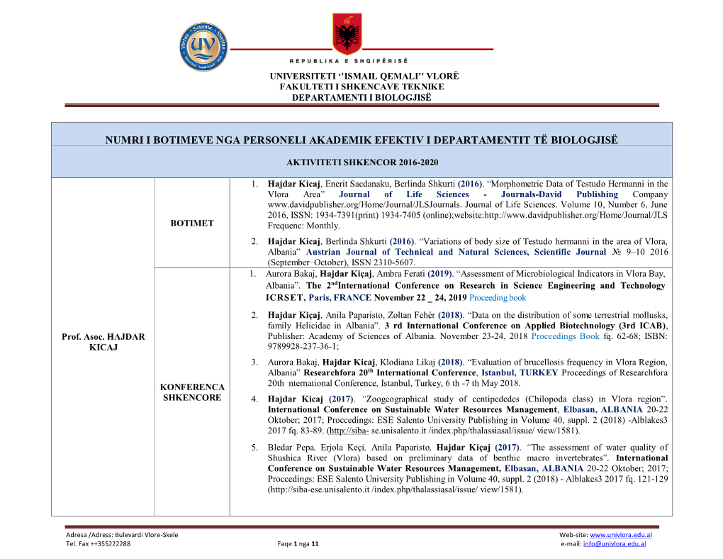 Botimet E Departamentit Te Biologjise 2016