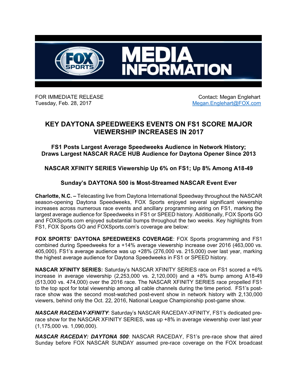 Key Daytona Speedweeks Events on Fs1 Score Major Viewership Increases in 2017