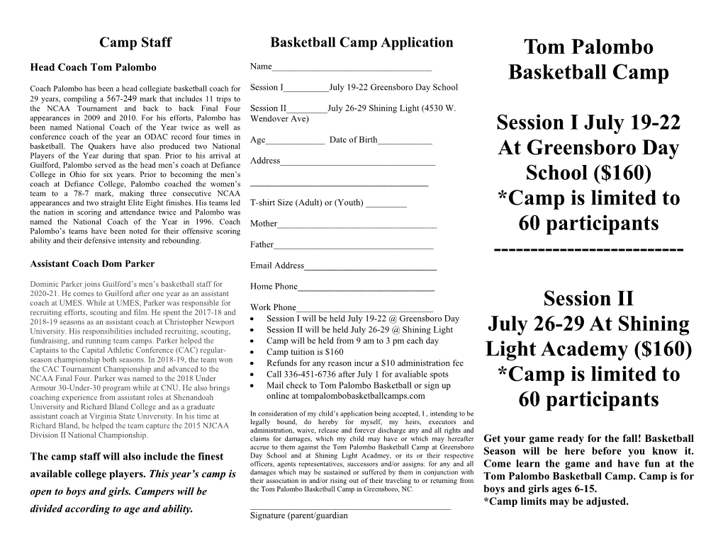 Tom Palombo Basketball Camp Session I July 19-22 at Greensboro