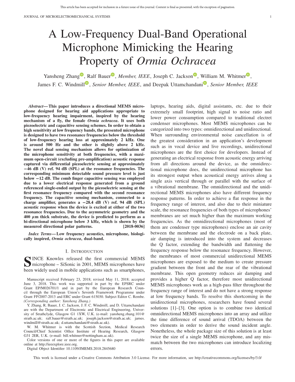 A Low-Frequency Dual-Band Operational Microphone Mimicking the Hearing Property of Ormia Ochracea