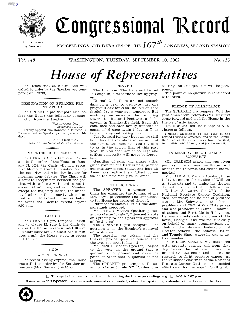 Congressional Record United States Th of America PROCEEDINGS and DEBATES of the 107 CONGRESS, SECOND SESSION