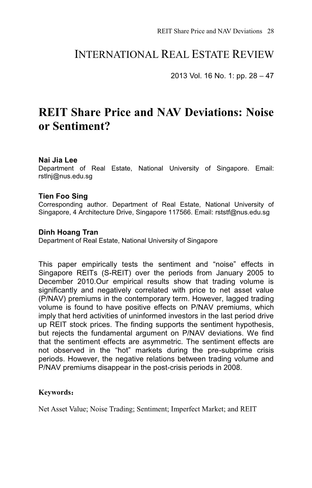 REIT Share Price and NAV Deviations: Noise Or Sentiment?