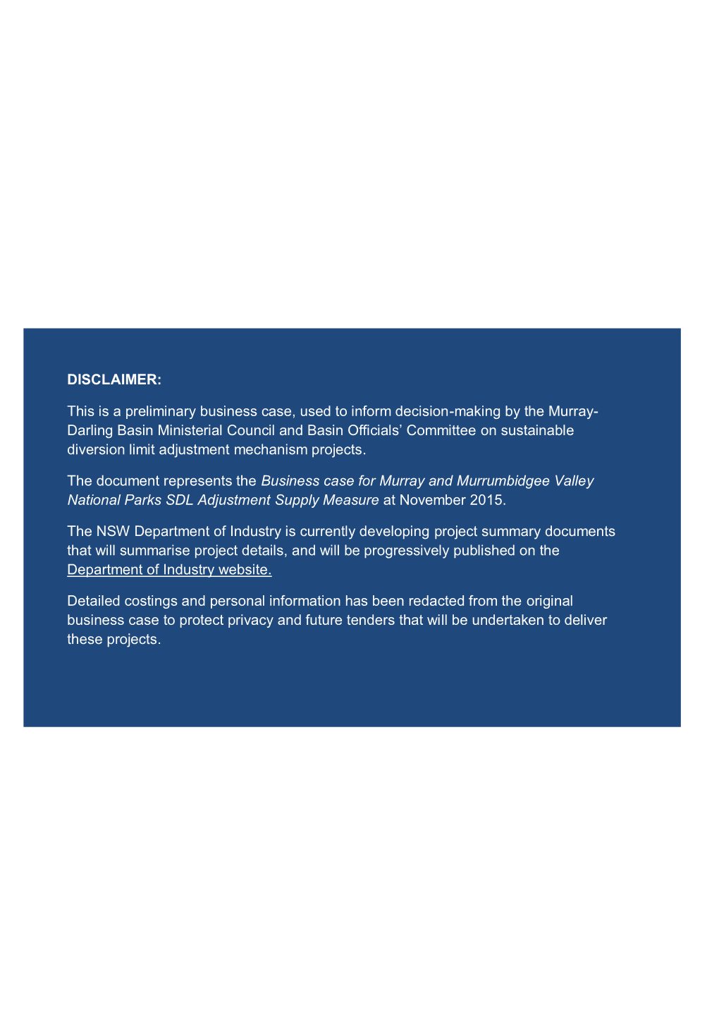 Murray and Murrumbidgee Valley National Parks SDL Adjustment Supply Measure at November 2015